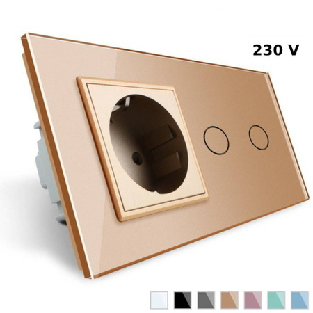 Gniazdo 230V 16A z podwójnym włącznikiem dotykowym i ramką szklaną złotą (VL-C702G-63) Livolo