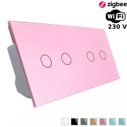 Podwójny włącznik dotykowy Wi-Fi z różowym panelem szklanym 2 + 2 (VL-C7022EC-67) Livolo