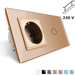 Gniazdo 230V 16A z włącznikiem krzyżowym i ramką szklaną złotą (VL-C701SEU-63) Livolo