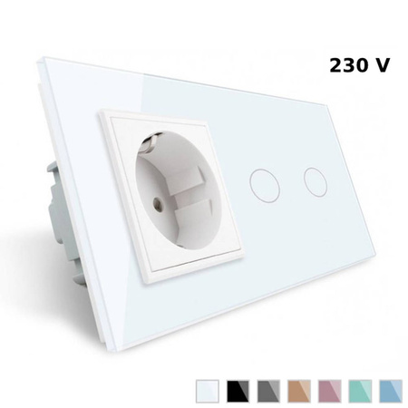 Gniazdo 230V 16A z podwójnym włącznikiem dotykowym i białą ramką szklaną (VL-C702EU-61) Livolo