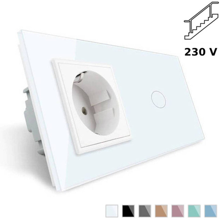 Gniazdo 230V 16A z włącznikiem krzyżowo-schodowym i białą ramką szklaną (VL-C701SEU-61) LIVOLO