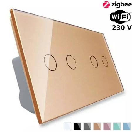 Podwójny włącznik dotykowy EC Wi-Fi z panelami szklanymi w kolorze złotym 2 + 2 (VL-C7022EC-63) Livolo