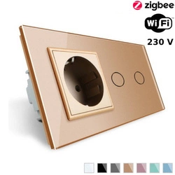 Podwójny włącznik dotykowy EC Wi-Fi z gniazdem elektrycznym w kolorze złotym (VL-C702ECG-63) LIVOLO