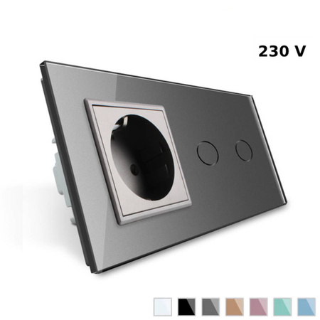 Gniazdo 230V 16A z podwójnym włącznikiem dotykowym i ramką szklaną srebrną (VL-C702EU-64) Livolo