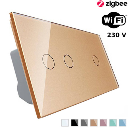 Elegancki włącznik dotykowy podwójny i pojedynczy EC Wi-Fi z złotym panelem szklanym (VL-C7012EC-63) LIVOLO