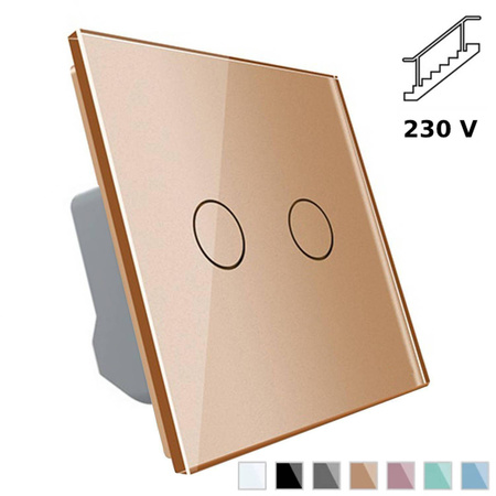 Włącznik dotykowy podwójny schodowo-krzyżowy z złotym panelem szklanym (VL-C702S-63) LIVOLO