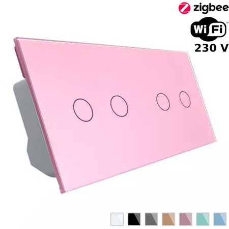 Podwójny włącznik dotykowy Wi-Fi z różowym panelem szklanym 2 + 2 (VL-C7022EC-67) Livolo