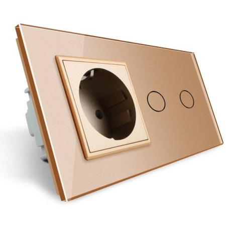 Gniazdo 230V 16A z podwójnym włącznikiem dotykowym i ramką szklaną złotą (VL-C702G-63) Livolo