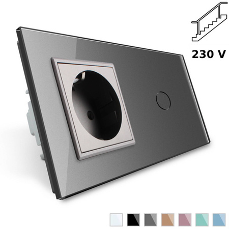 Gniazdo 230V 16A z włącznikiem schodowym i ramką szklaną srebrną (VL-C701SEU-64) Livolo